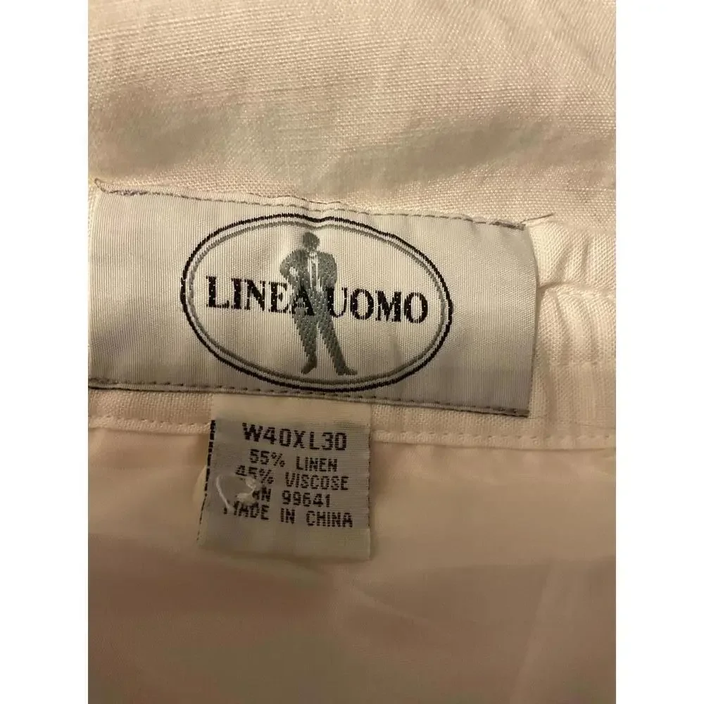 Linea Uomo Men's White Linen Blend  Lined Loose and Flowy Pants 40 x L30